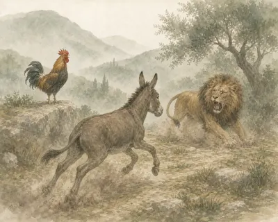 Illustration for Aesop’s fable “The Ass, the Cock, and the Lion”