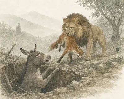 Illustration for Aesop’s fable “The Ass, the Fox, and the Lion”