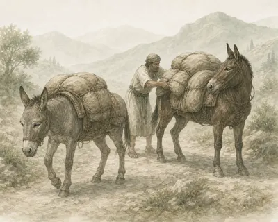 Illustration for Aesop’s fable “The Ass and the Mule Carrying the Same Load”