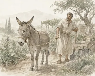 Illustration for Aesop’s fable “The Ass and the Gardener”