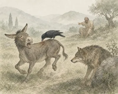 Illustration for Aesop’s fable “The Ass, the Crow, and the Wolf”