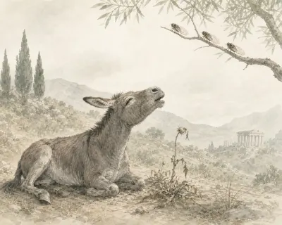 Illustration for Aesop’s fable “The Ass and the Cicadas”