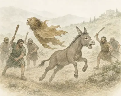 Illustration for Aesop’s fable “The Ass Who Passed for a Lion”