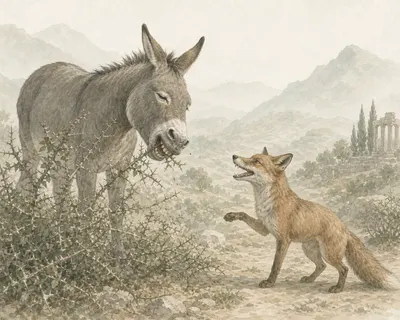 Illustration for Aesop’s fable “The Ass Browsing on Thorns and the Fox”