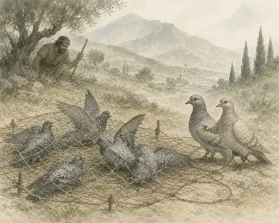 Illustration for Aesop’s fable “The Fowler, the Wild Pigeons, and the Tame Pigeons”