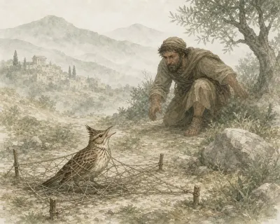 Illustration for Aesop’s fable “The Fowler and the Crested Lark”