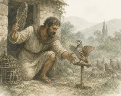 Illustration for Aesop’s fable “The Fowler and the Partridge”