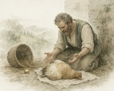 A kneeling man holds his hands over a dead hen laid on a cloth; beside them, an overturned basket and a golden egg