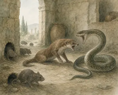 Illustration for Aesop’s fable “The Serpent, the Weasel, and the Rats”