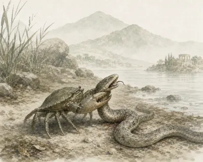 Illustration for Aesop’s fable “The Serpent and the Crab”