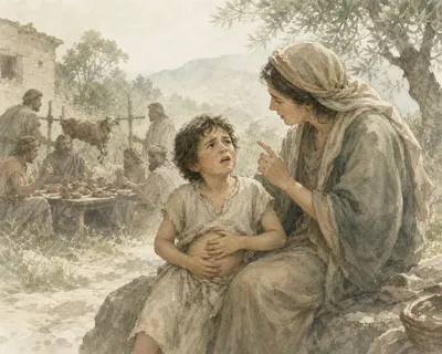 Illustration for Aesop’s fable “The Child Who Eats the Offal”