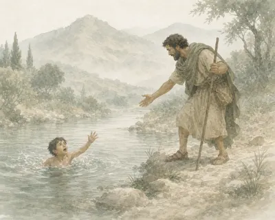 Illustration for Aesop’s fable “The Child Bathing”