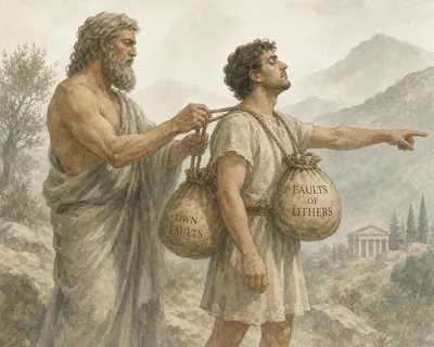 Illustration for Aesop’s fable “The Two Bags”