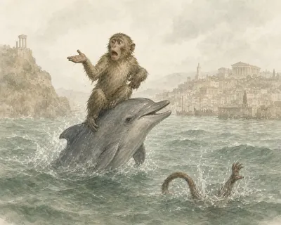 Illustration for Aesop’s fable “The Monkey and the Dolphin”