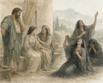 Illustration for Aesop’s fable “The Rich Man and the Mourning Women”