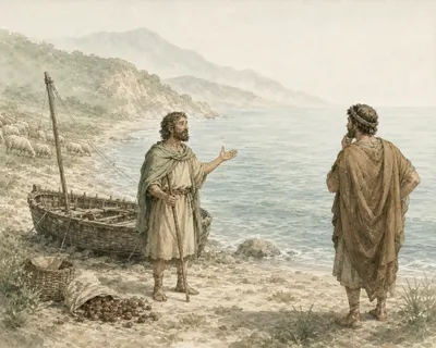 Illustration for Aesop’s fable “The Shepherd and the Sea”