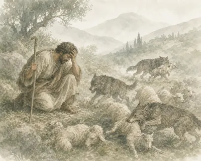 Illustration for Aesop’s fable “The Shepherd and the Wolf Cubs”