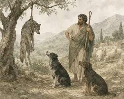 Illustration for Aesop’s fable “The Shepherd and the Wolf Reared with the Dogs”