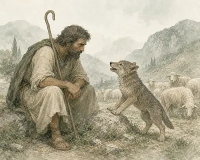 Illustration for Aesop’s fable “The Shepherd and the Wolf Cub”