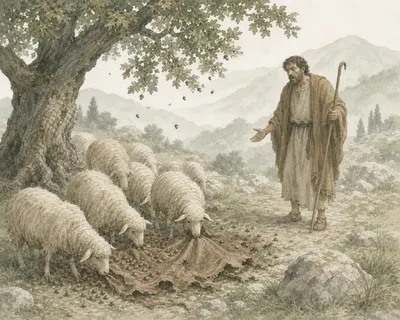 Illustration for Aesop’s fable “The Shepherd and His Sheep”