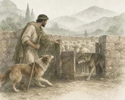 Illustration for Aesop’s fable “The Shepherd Who Lets the Wolf into the Fold”