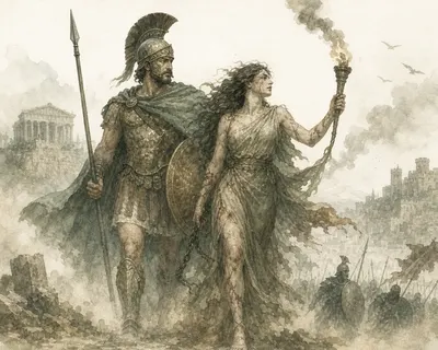 Illustration for Aesop’s fable “The God of War and Violence”