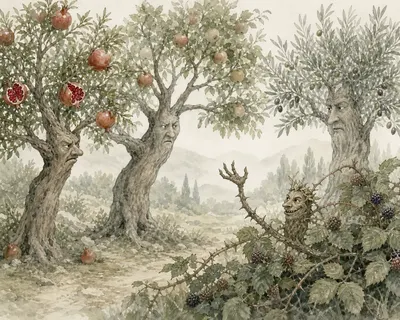 Illustration for Aesop’s fable “The Pomegranate, the Apple Tree, the Olive, and the Bramble”