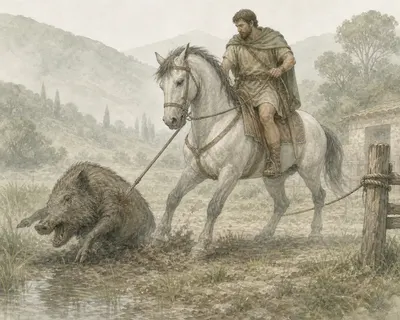 Illustration for Aesop’s fable “The Boar, the Horse, and the Hunter”