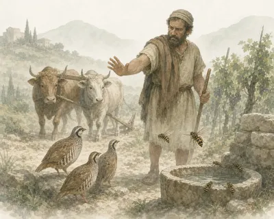 Illustration for Aesop’s fable “The Wasps, the Partridges, and the Farmer”
