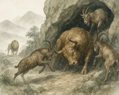 Illustration for Aesop’s fable “The Bull and the Wild Goats”