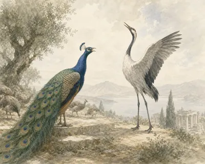 Illustration for Aesop’s fable “The Peacock and the Crane”