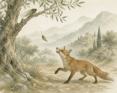 Illustration for Aesop’s fable “The Cicada and the Fox”