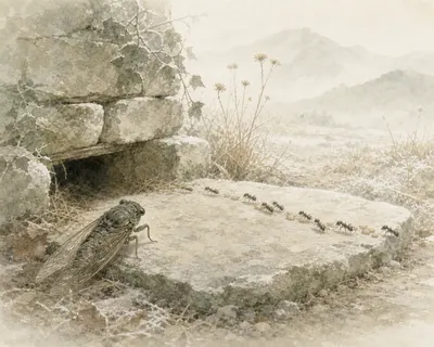 A cicada at the mouth of a drystone wall watches a line of ants carrying grain across a frosted slab