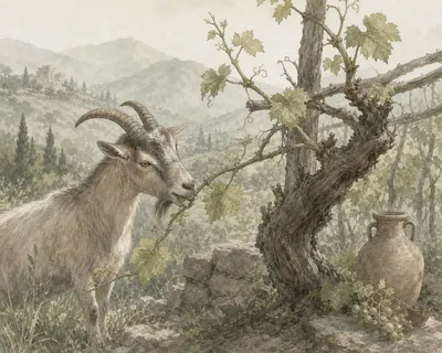 Illustration for Aesop’s fable “The Goat and the Vine”