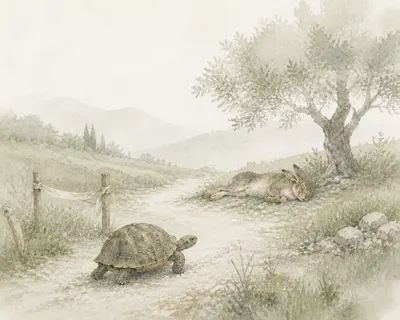 A tortoise plods along a dirt path while the hare sleeps in the shade of an olive tree, among misty hills